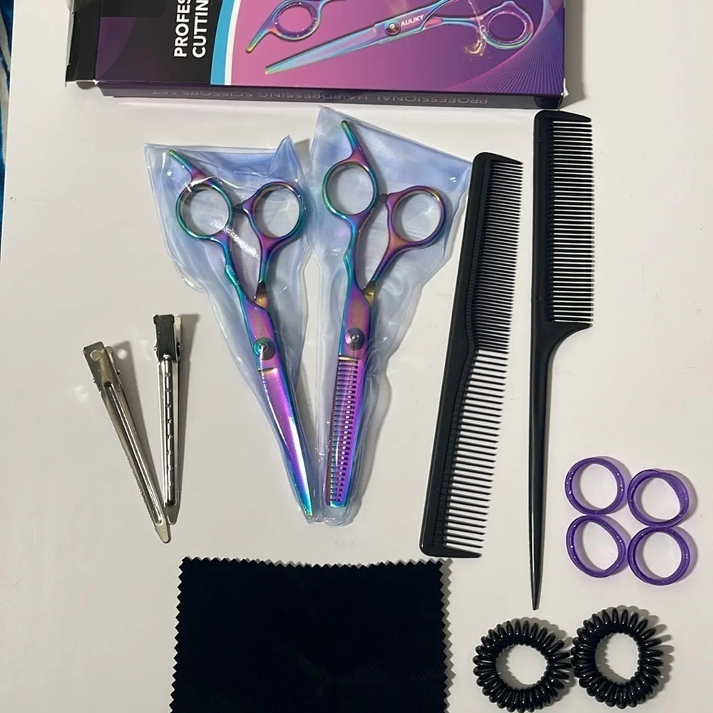 Professional Hair Cutting and Blending Scissors, 13 piece set combs, hair clips